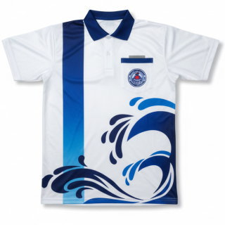 เสื้อโปโลกีฬาสีโรงเรียน พิมพ์ลายสีน้ำเงินขาว ผ้า ไมโครโพลีเอสเตอร์