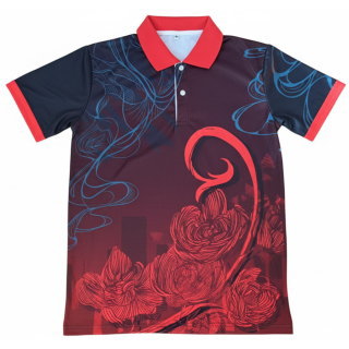 เสื้อโปโลกีฬาสีสีแดง พิมพ์ลาย ซับลิเมชั่น กราฟิกดอกไม้และเมือง