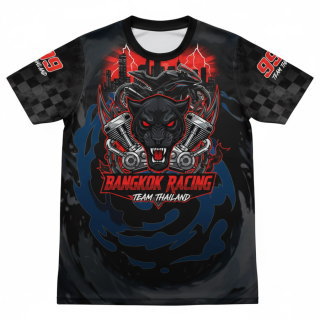 เสื้อยืดกีฬาพิมพ์ลาย Bangkok Racing ดีไซน์ดุดันด้วยรูปหัวเสือดำและเครื่องยนต์มอเตอร์ไซค์ พิมพ์ระบบซับลิเมชั่นคุณภาพสูง