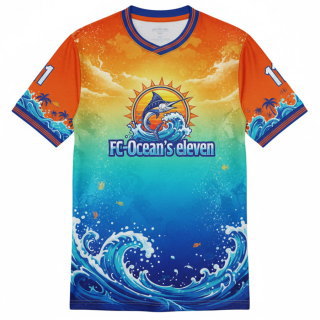 เสื้อบอลพิมพ์ลายสีส้มฟ้า ดีไซน์ทีม FC-Ocean's eleven ระยอง