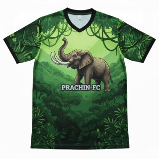 เสื้อบอลพิมพ์ลายทีม ปราจีน-FC ลายช้างและป่าไม้ สีเขียว พิมพ์ซับลิเมชั่น