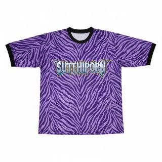 เสื้อฟุตบอลพิมพ์ซับลิเมชั่น ลายม้าลายสีม่วง ด้านหน้า ชื่อทีม SUTTHIPORN