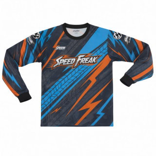 เสื้อทีมมอเตอร์ไซค์แขนยาว พิมพ์ลายซับลิเมชั่น สีน้ำเงินส้ม ลาย SPEED FREAK ด้านหน้า