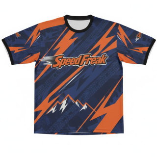 เสื้อยืดแขนสั้นทีมมอเตอร์ไซค์ SPEED FREAK พิมพ์ลายซับลิเมชั่น สีน้ำเงิน-ส้ม ดีไซน์สปอร์ต