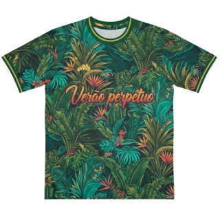 เสื้อพิมพ์ลายซับลิเมชั่น ลายใบไม้ Tropical สีเขียว ข้อความ Verão Perpétuo เนื้อผ้าไมโครโพลีเอสเตอร์สำหรับงานกีฬาและจิตอาสา