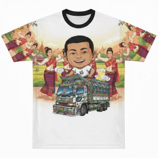 เสื้อพิมพ์ลายซับลิเมชั่น ดีไซน์รถบรรทุกและนางรำอีสาน ผลิตโดย Sport Mighty สำหรับงานแข่งฟุตบอลบริษัทที่อุดรธานี