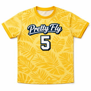เสื้อวอลเลย์บอลหญิงสีเหลือง พิมพ์ซับลิเมชั่น ลายใบไม้ ดีไซน์ Pretty Fly