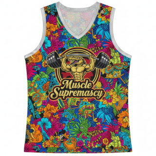 ด้านหน้าเสื้อกล้ามฟิตเนสภาพพิมพ์ซับลิเมชั่น ลาย Muscle Supremacy สีสันสดใส โดย Sport Mighty