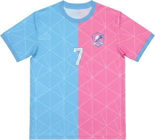 เสื้อฟุตบอลพิมพ์ลายด้านหน้า สีฟ้า-ชมพู ทีมศิษย์เก่าโรงเรียนดัง พิมพ์ซับลิเมชั่นโดย Sport Mighty