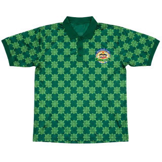 เสื้อโปโลพิมพ์ลายตารางสีเขียว ด้านหน้า พร้อมโลโก้สถานสงเคราะห์เด็ก กิจกรรมระดมทุน พิมพ์ซับลิเมชั่น โดย Sport Mighty