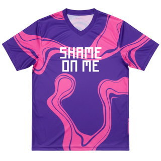 เสื้อบอลพิมพ์ลายสีม่วงชมพู ดีไซน์ SHAME ON ME สั่งทำเสื้อกีฬา Sport Mighty
