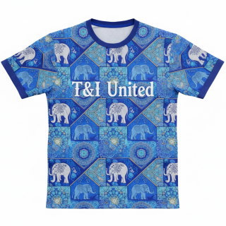 เสื้อฟุตบอลพิมพ์ลายช้างสีน้ำเงิน ด้านหน้า ชื่อทีม T&I United