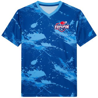 เสื้อปิงปองคอวีพิมพ์ลายซับลิเมชั่นสีน้ำเงิน ลายสแปลช พร้อมโลโก้ทีม TOPSPIN โดย Sport Mighty
