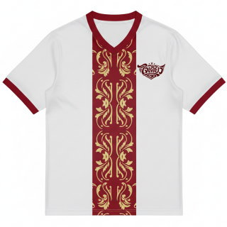 เสื้อฟุตบอลพิมพ์ลายคอวีสีขาวแถบเลือดหมูลายกนกสีทอง พิมพ์ระบบ Sublimation โดย Sport Mighty
