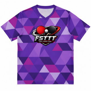 เสื้อปิงปองคอวีพิมพ์ลายกราฟิกสีม่วง ด้านหน้าพร้อมโลโก้ทีม FSTTT สั่งทำพิเศษ