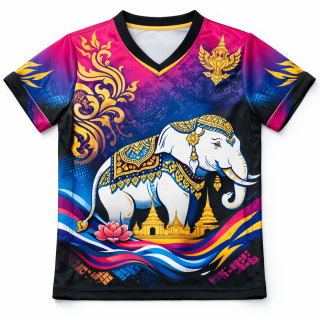 เสื้อกีฬาสีคอวีพิมพ์ลายช้างเผือกไทยสีชมพูน้ำเงิน เนื้อผ้าไมโครโพลีเอสเตอร์ สั่งทำโดย Sport Mighty