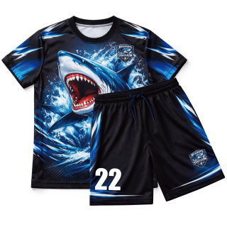 เสื้อฟุตบอลพิมพ์ลายด้านหน้า ลายฉลามสีน้ำเงิน สำหรับทีมฟุตบอลชลบุรี โดย Sport Mighty