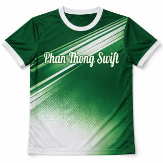 เสื้อทีมแบดมินตันสีเขียว ดีไซน์ Phan Thong Swift ด้านหน้า พิมพ์ลายซับลิเมชั่นสวยงาม