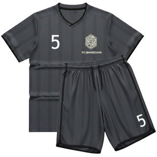 เสื้อฟุตบอลสั่งทำพิเศษ สีเทาดำลายทาง ด้านหน้า พร้อมโลโก้และหมายเลข ผลิตโดย Sport Mighty