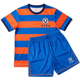 ผลิตเสื้อฟุตบอลเด็กสั่งทำ ลายแถบสีส้มสีน้ำเงิน เสื้อทีมโรงเรียน sublimation Sport Mighty Bangkok