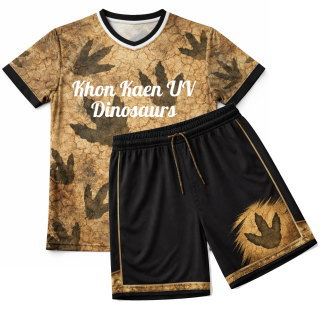 เสื้อทีม Khon Kaen UV Dinosaurs ด้านหน้า ลายรอยเท้าไดโนเสาร์ สีน้ำตาลทอง เสื้อกีฬาออกแบบพิเศษ Sport Mighty