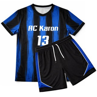 เสื้อฟุตบอลสั่งทำ ลายทางน้ำเงินดำ ด้านหน้า AC Karon หมายเลข 13