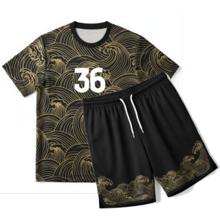เสื้อฟุตซอลสั่งทำลายคลื่นสีทองพื้นดำ หมายเลข 36 ด้านหน้า ผลิตด้วยผ้าไมโครโพลีเอสเตอร์ พิมพ์ซับลิเมชั่น โดย Sport Mighty กรุงเทพ