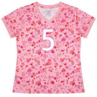 เสื้อวอลเลย์บอลหญิงสั่งทำ ลายดอกไม้สีชมพู ด้านหน้า หมายเลข 5 พิมพ์ซับลิเมชั่น ผ้าไมโครโพลีเอสเตอร์ Sport Mighty กรุงเทพ