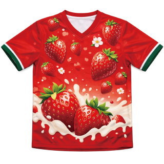 เสื้อสั่งทำลายสตรอว์เบอร์รี่ สีแดง พิมพ์ซับลิเมชั่น ผ้าไมโครโพลีเอสเตอร์ สำหรับกิจกรรมส่งเสริมการขาย