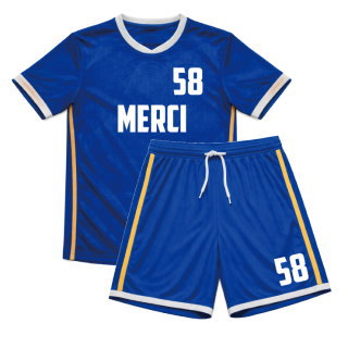 ชุดฟุตบอลสั่งทำครบชุด เสื้อและกางเกงสีน้ำเงิน สไตล์มืออาชีพ ผลิตโดย Sport Mighty