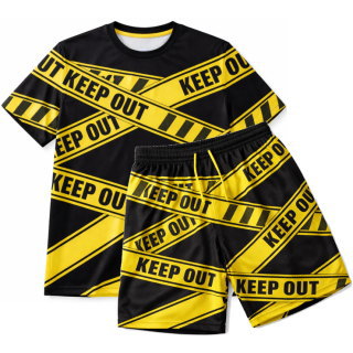 ชุดฟุตบอลลายเทป KEEP OUT สีดำเหลือง เซ็ตเสื้อแขนสั้นและกางเกง