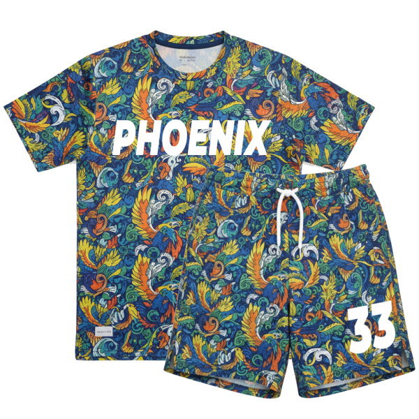 เสื้อฟุตบอลพิมพ์ลายฟีนิกซ์ สีน้ำเงินเหลือง งานซับลิเมชั่น Sport Mighty สำหรับทีมสมุทรปราการ