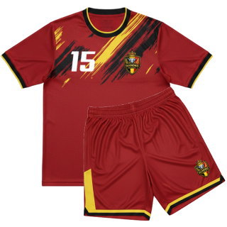 ชุดฟุตบอลสั่งทำครบเซ็ต เสื้อและกางเกง สีแดงเลือดหมู ลายเฉียงเหลืองดำ