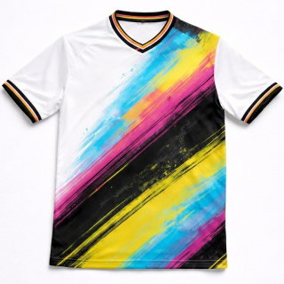 เสื้อกิจกรรมพิมพ์ลาย Sublimation สีขาวลายกราฟิกสีฟ้าชมพูเหลือง ด้านหน้า สำหรับโปรโมชั่น Dashcam
