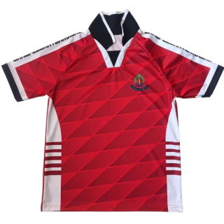 เสื้อกีฬาสีแดง พิมพ์ลายซับลิเมชั่น คอปกคอวี ออกแบบโดย Sport Mighty สำหรับโรงเรียนสมุทรปราการ