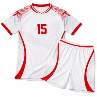 ชุดฟุตบอลพิมพ์ลายสีขาวแดง ดีไซน์ทีมชาติตูนิเซีย ผลงานโดย Sport Mighty กรุงเทพฯ