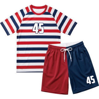 ชุดบอลครบเซต เสื้อลายขวางฝรั่งเศส กางเกงสองสี รับผลิตเสื้อกีฬาขั้นต่ำน้อย