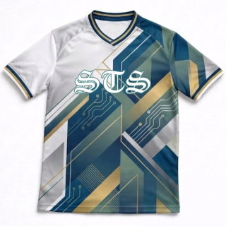 เสื้อฟุตบอลพิมพ์ลายกราฟิกสีน้ำเงินเขียว ด้านหน้า โลโก้ STS สั่งทำเสื้อกีฬาโรงเรียนมัธยม กรุงเทพฯ