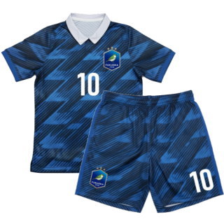 ชุดฟุตบอลสั่งทำสีน้ำเงินเข้ม ลายกราฟิกทันสมัย เสื้อพร้อมกางเกง ผลิตโดย Sport Mighty