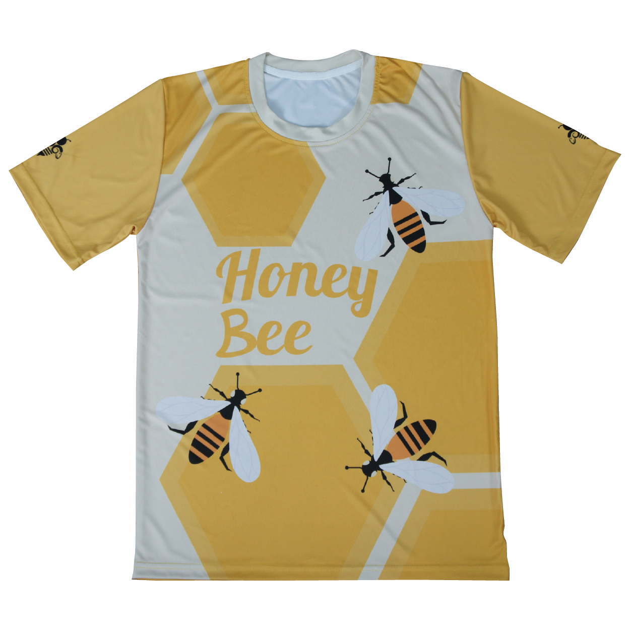 เสื้อฟุตบอลพิมพ์ลายด้านหน้า มีลายผึ้งหกเหลี่ยมสีส้มขาว พิมพ์ชื่อด้านหน้า