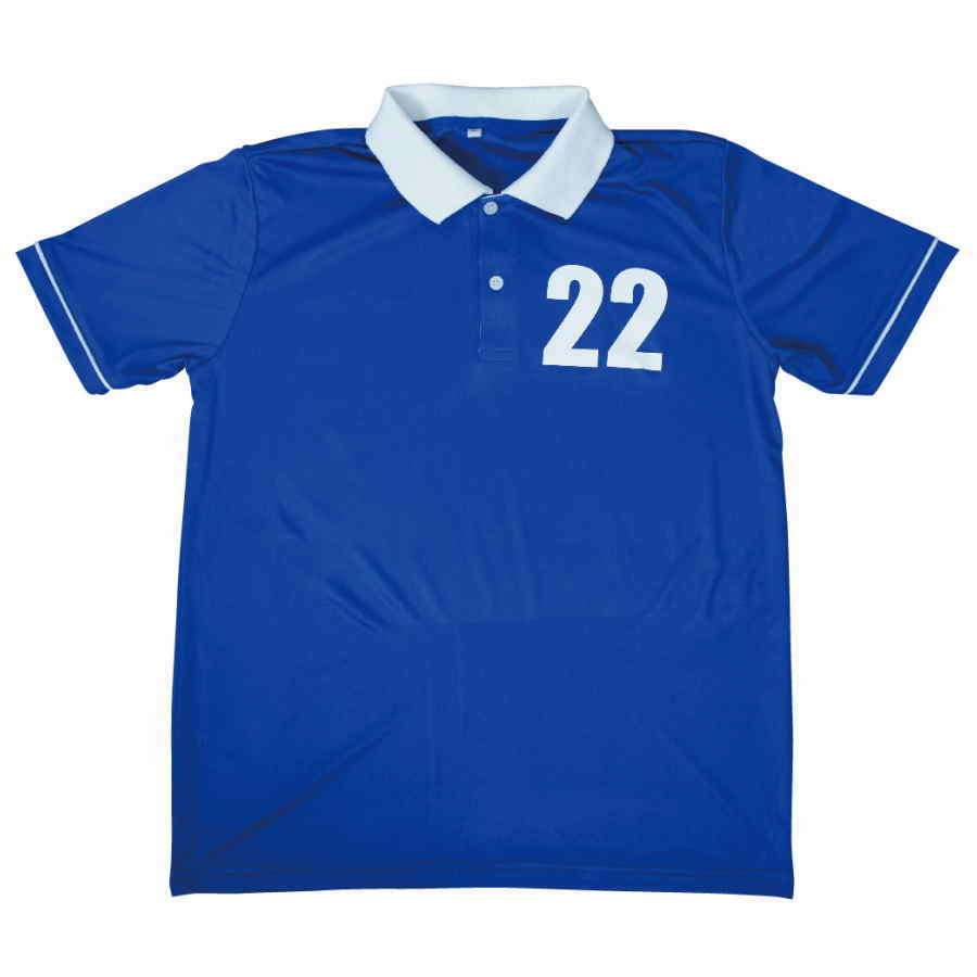 เสื้อโปโลสีน้ำเงินสกรีนเบอร์หน้าอกซ้ายเบอร์22