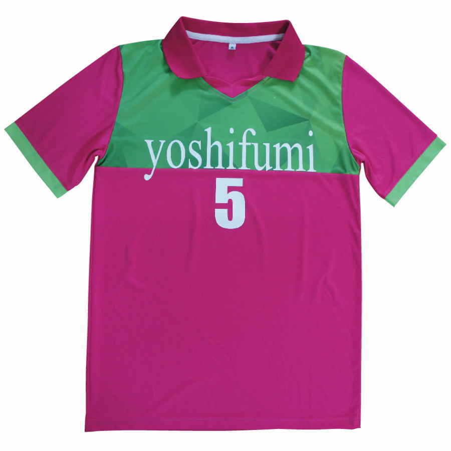 เสื้อกีฬาสีพิมพ์ลายออกแบบเองสีชมพูคาดอกสีเขียว
