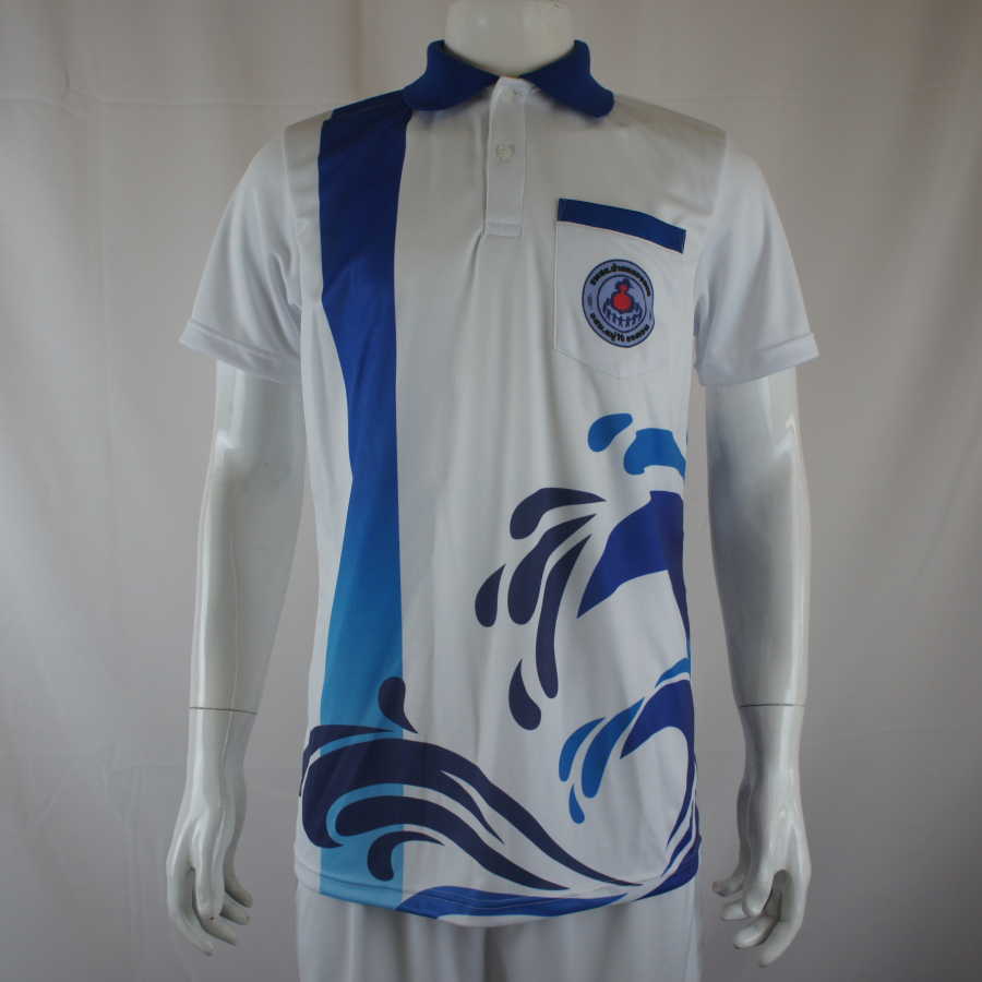 เสื้อโปโลกีฬาสีโรงเรียน พิมพ์ลายสีน้ำเงินขาว ผ้า ไมโครโพลีเอสเตอร์ โดย Sport Mighty