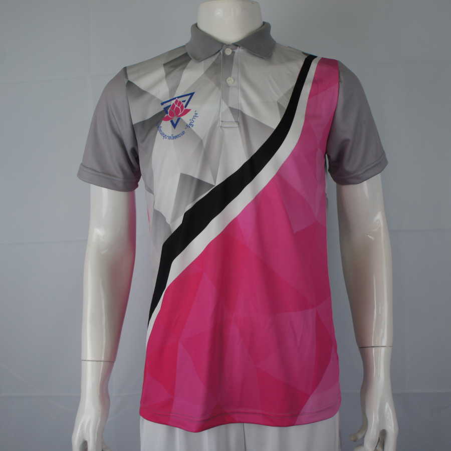 เสื้อโปโลกีฬาสีพิมพ์ลายสีชมพูเทา ด้านหน้า โรงเรียนอนุบาลโพทะเลรัฐบำรุง โดย Sport Mighty