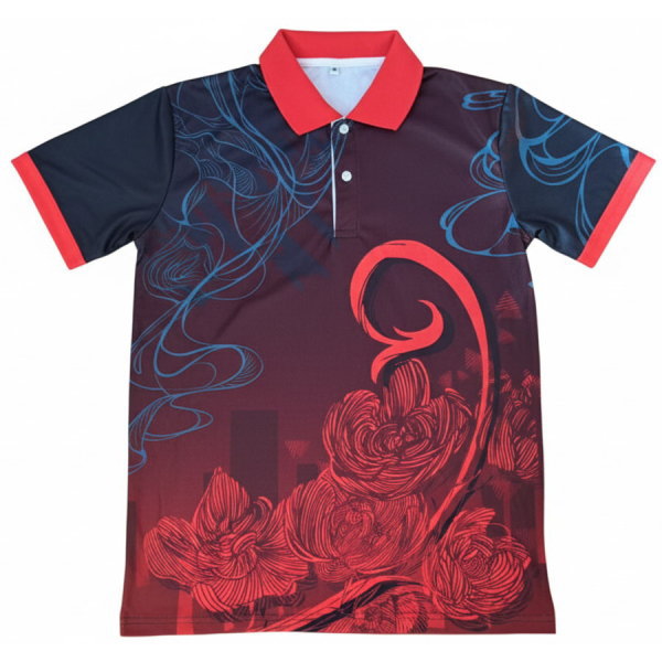 เสื้อโปโลกีฬาสีสีแดง พิมพ์ลาย ซับลิเมชั่น กราฟิกดอกไม้และเมือง