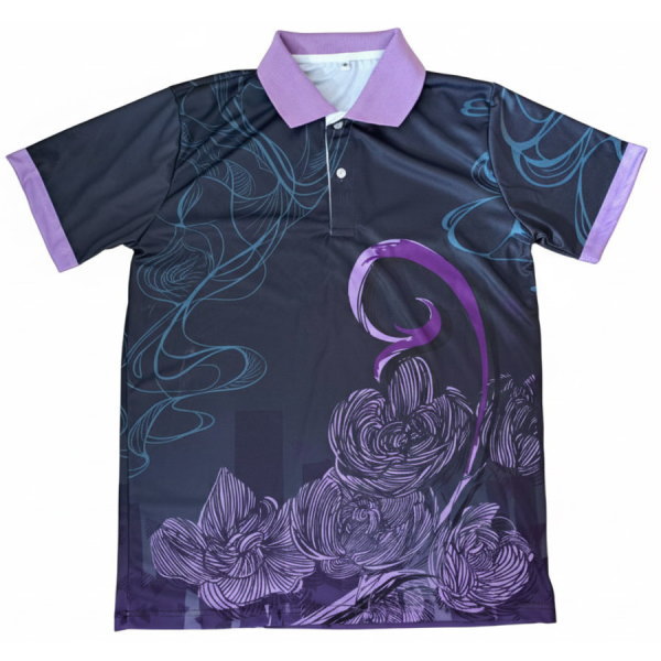 เสื้อกีฬาสีสีม่วง พิมพ์ลายกราฟิกตึกและลายเส้นพริ้วไหว