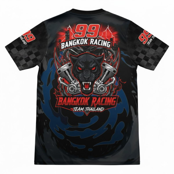 ด้านหลังเสื้อทีมแข่งรถ Bangkok Racing Team Thailand หมายเลข 99 พิมพ์ลายกราฟิกสายฟ้าและเมืองโทนสีดำแดงสุดเท่
