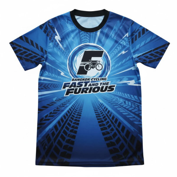 เสื้อทีมจักรยานสีน้ำเงิน พิมพ์ลายซับลิเมชั่น Bangkok Cycling ด้านหน้า เนื้อผ้าไมโครโพลีเอสเตอร์ โดย Sport Mighty