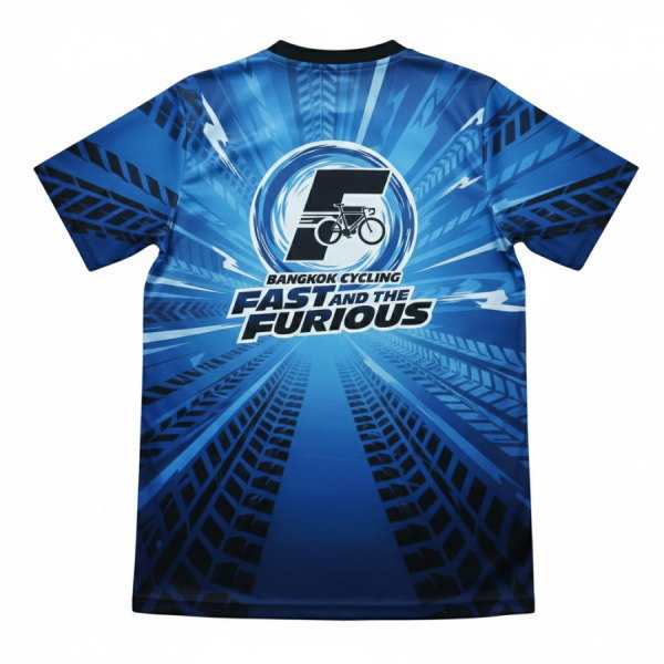 ด้านหลังเสื้อกีฬาพิมพ์ลาย Fast and the Furious ดีไซน์กราฟิกความเร็วสูง รับผลิตเสื้อกีฬาสีจำนวนมากจัดส่งทั่วไทย