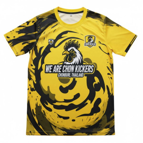 เสื้อฟุตบอลพิมพ์ซับลิเมชั่น ทีม Chon Kickers ชลบุรี สีเหลืองดำ ลายไก่ชน โดย Sport Mighty
